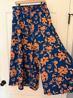 Blue and Orange Floral Wide-Leg Pants